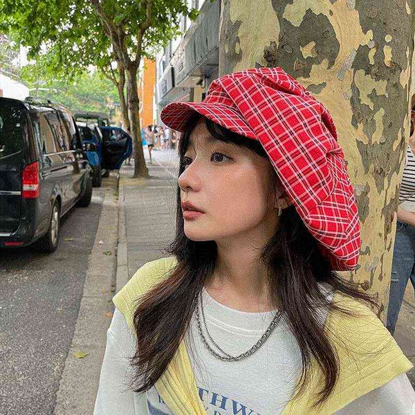 

2022 new women japanese large version plaid beret and autumn fashion octagonal hat british retro painter hat j220722, Blue;gray