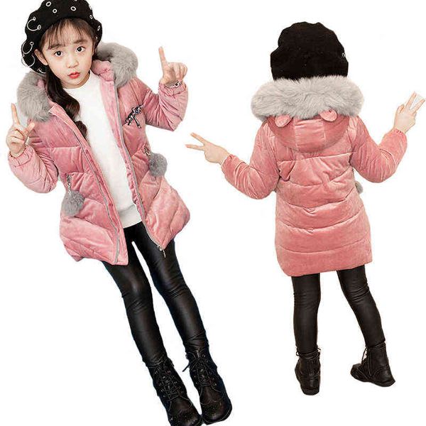 

keep warm winter girls jacket resist severe cold thick long style hooded outerwear jacket for kids children present j220718, Blue;gray