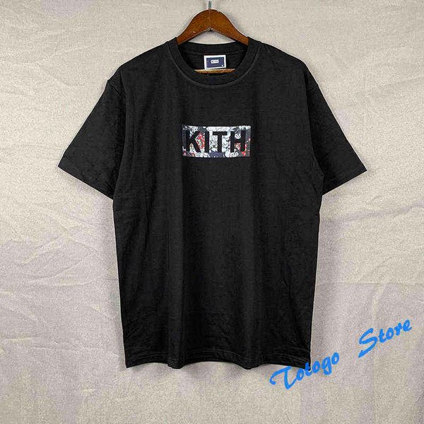 

2022ss kith floral classic box tee men women 1:1 black white apricot t shirt fashion casual short sleeve, White;black