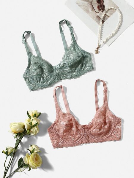 

2pack floral lace underwire bra set p4wh#, Black;red