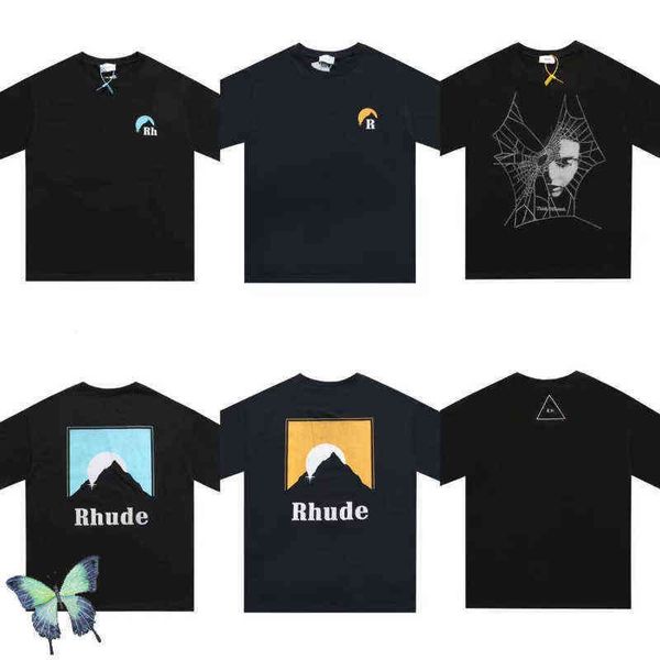 

brand designer t shirt rhude snow mountain moon print high street oversize t-shirt, White;black