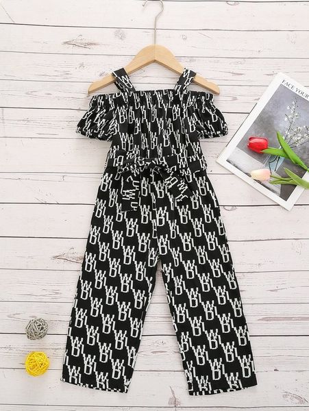 

toddler girls allover letter graphic cold shoulder culotte jumpsuit she, Blue