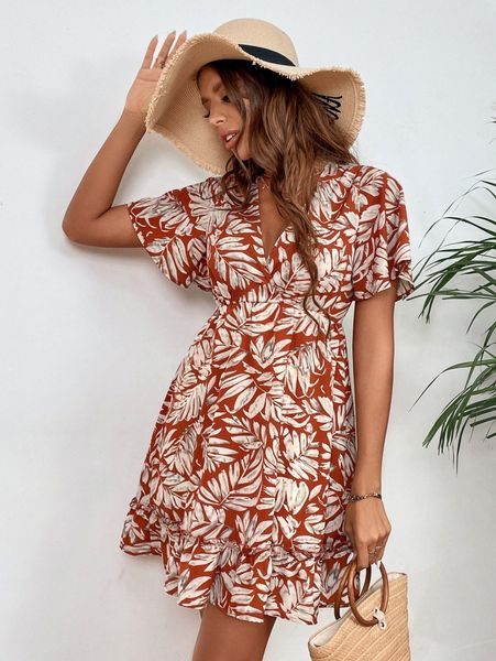 

tropical print tied backless dress i5kn#, Black;gray