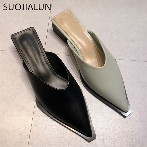 

suojialun brand design women slipper spring ladies slip on mules shoes pointed toe low heel sandal outdoor casual slides 220507, Black
