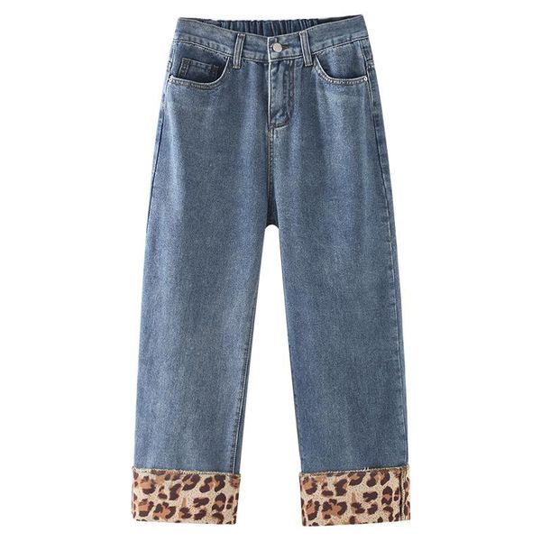 Pantaloni taglie forti da donna Jeans a gamba larga da donna 2022 Pantaloni in denim da donna casual di moda primavera dritta Pantaloni con polsini leopardati Pantaloni da donna