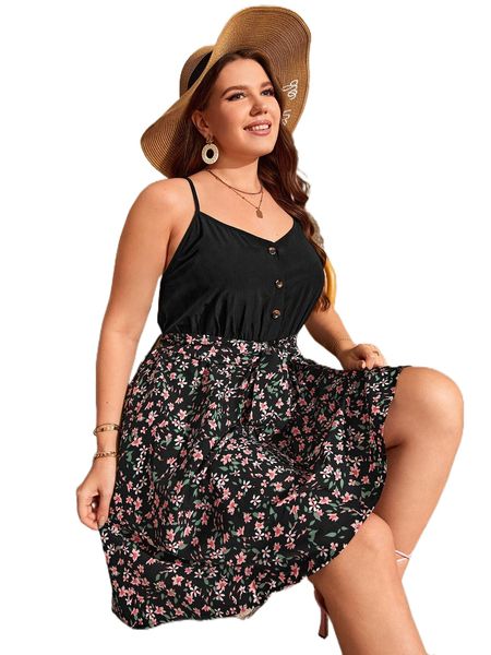 

plus ditsy floral button front belted cami dress g5jq#, Black