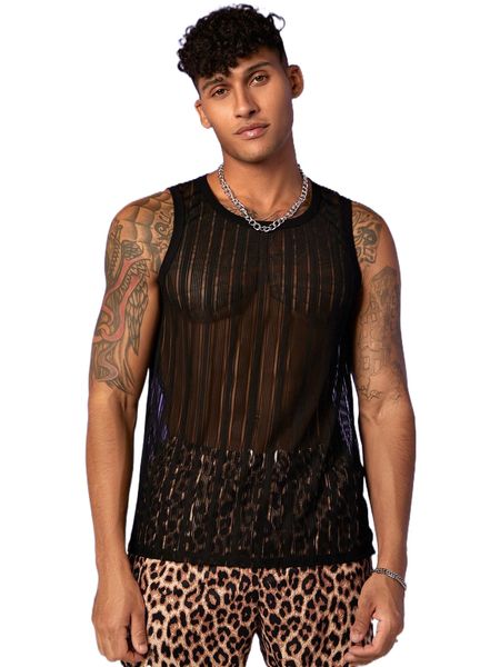 

men striped print mesh tank s3hw#, White;black