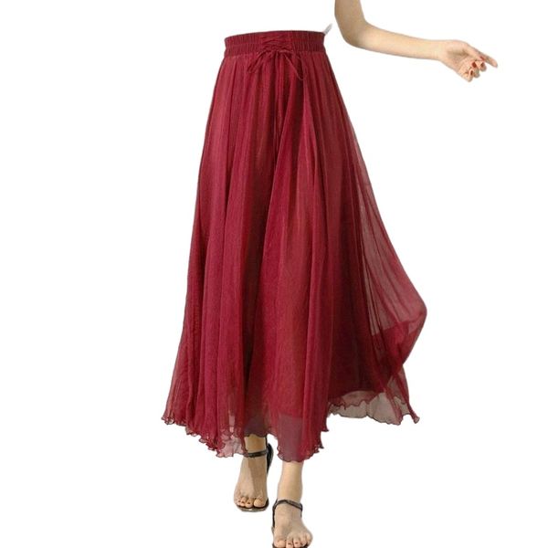 

skirts girls chiffon red skirt summer retro women vintage cute long slim bohemian boho beach elegant casual dance school 12ke#, Black