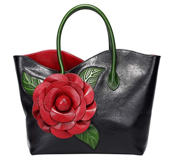 

002-genuine leather flower embossed effect women purses and handbags satchel ladies flower handbag others apparel, Black;white
