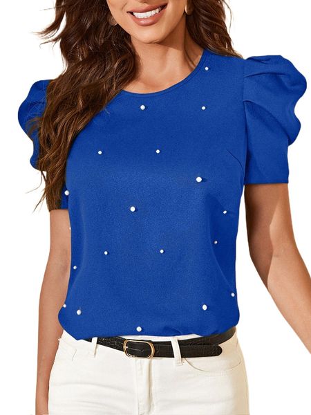 

solid puff sleeve pearls beaded 266h#, White