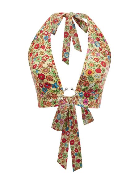 

allover floral print tie backless c-ring crop halter e2y2#, White