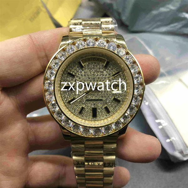 

day date watch18k gold luxury mens watch big diamond bezel gold stainless steel original strap automatic men watches.279b, Slivery;brown