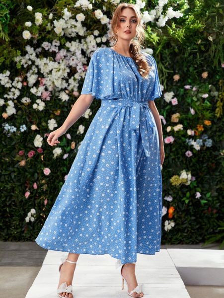 

plus ditsy floral & polka dot print butterfly sleeve belt dress m6l4#, Black