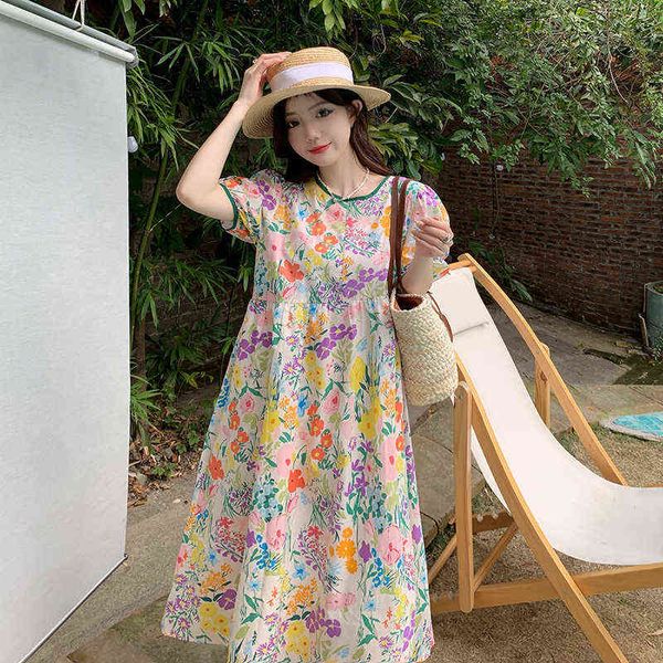 

summer pregnancy dress short sleeves oneck fashion printing maternity flowered dress long loose pregnant woman holiday dress j220628, White