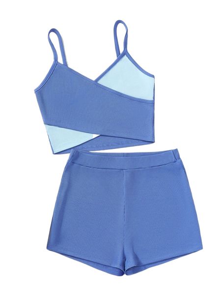 

two tone ribbed knit cami & shorts v3px#, White