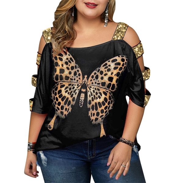 Лето плюс размер 5xl Tops Tshirt Women Sequints Hollow Out Butterfly Printed Black T Roomts самка с плеча Tunic Tee рубашка 220628