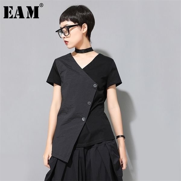 

eam women black button irregular big size big size t shirt new v neck short sleeve fashion spring summer 2021 210317, White