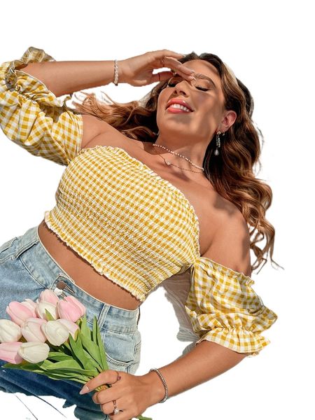 

plus gingham shirred frilled off shoulder puff sleeve blouse u3n0#, Black