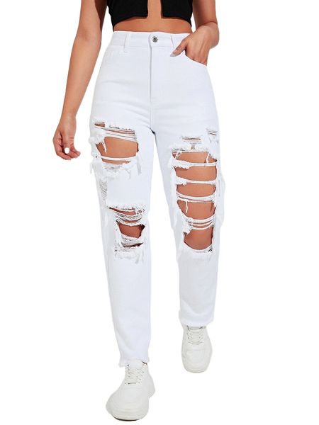 

high waist ripped cut out raw trim straight leg jeans 72yp#, Blue