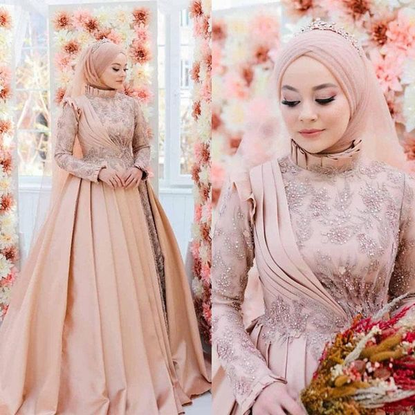 Abito da sposa musulmano a maniche lunghe con collo alto e applicazioni di pizzo con perline rosa Abiti da sposa arabo islamico da donna A Line Hijab Abiti da sposa su misura