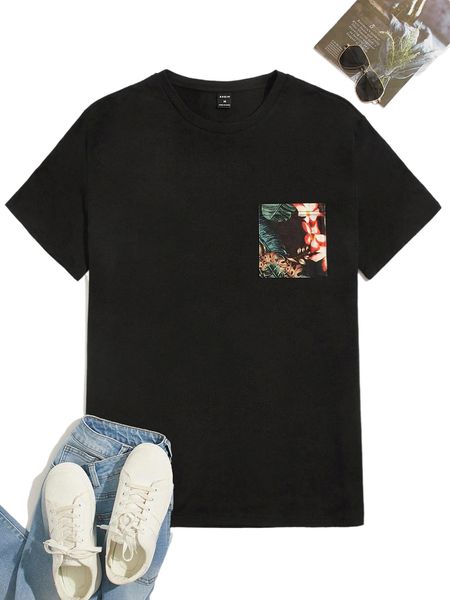 

men floral print patched pocket t-shirt g1bu#, White;black