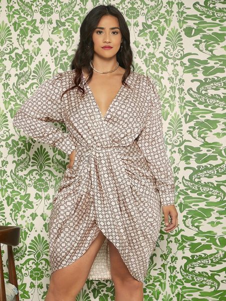 

plus satin allover print wrap dress r4d4#, Black
