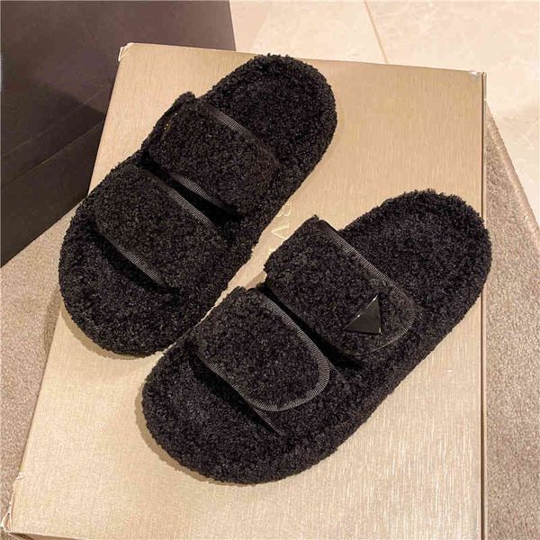 

slippers lamb wool slippers for women to wear 2022 new fairy style versatile thick lazy anti-skid soft flat bottom flip flop, Black