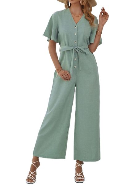 

butterfly sleeve wide leg belted jumpsuit d6x6#, Black;white