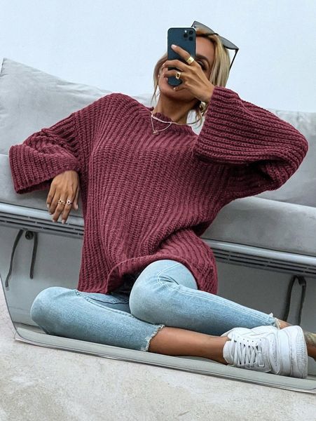 

solid drop shoulder chunky knit sweater d00h#, White;black