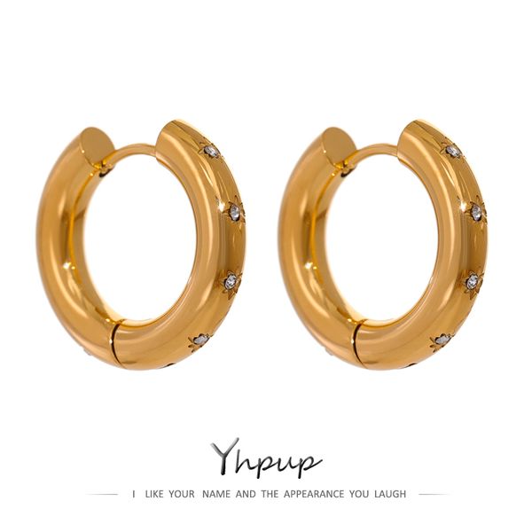 

yhpup stainless steel round star cz hoop earrings cubic zirconia gold huggie waterproof jewelry gift 220817, Golden;silver