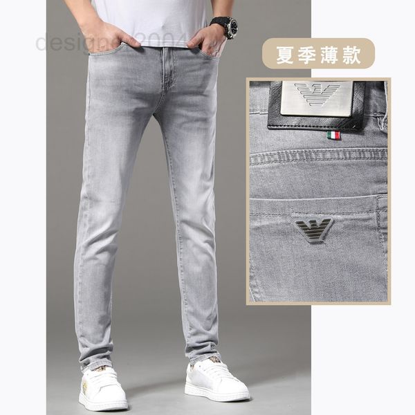 

men's jeans designer summer thin jeans men's small feet high-end straight tube grey trendy slim elastic l47u, Blue