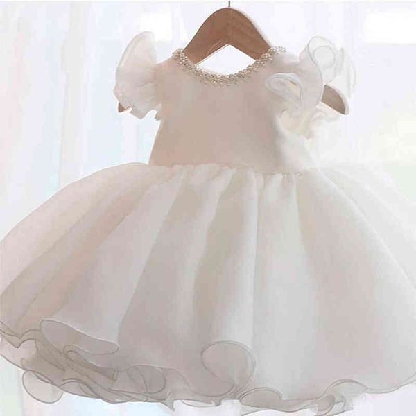 Sommer Bogen Weiß Taufe Kleid 1 Jahr Geburtstag Kleid Für Baby Mädchen Kleidung Rosa Party Hochzeit Perlen Prinzessin Kleid Kinder kleidung Y220510