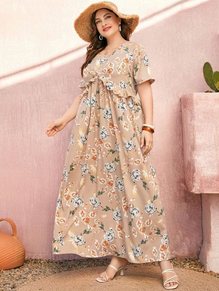 

plus floral print ruffle trim dress w75z#, Black