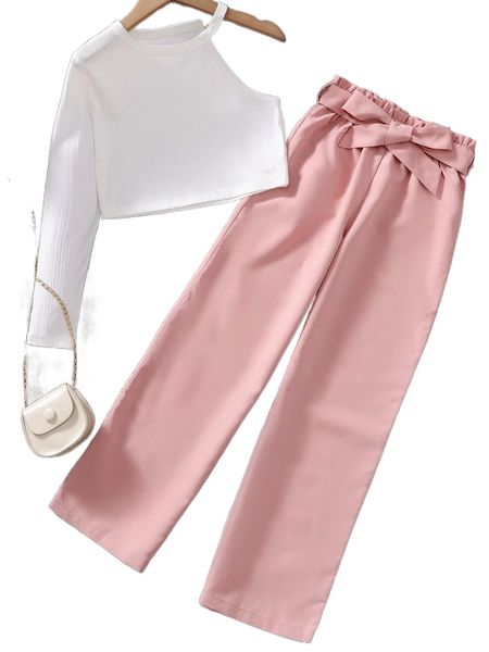 

girls asymmetrical neck tee with belted pants l4m3#, Black;white