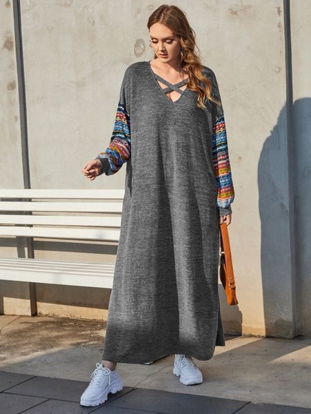 

plus crisscross front geo lantern sleeve dress q5ow#, Black