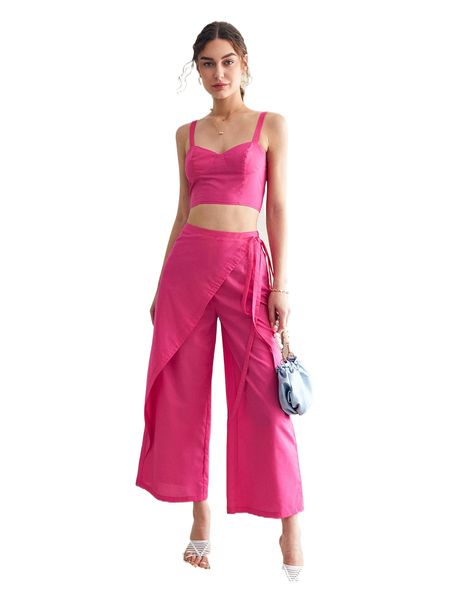 

solid cami & knot side wrap wide leg pants f68h#, White