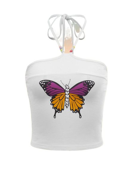 

mod butterfly print bead detail tie back crop halter i6se#, White