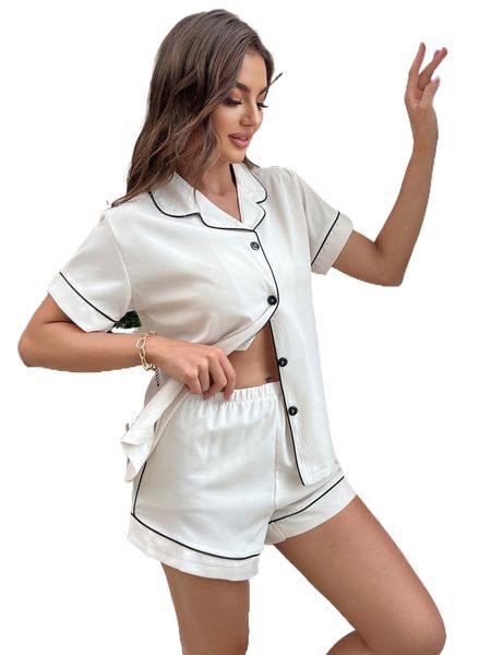 

contrast piping blouse & shorts pj set r82f#, Black;red