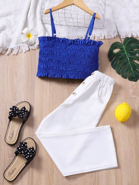 

girls shirred cami & fake button pants she, White