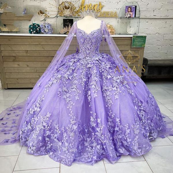 Romantik Kelebek Leylak Lavanta Quinceanera Elbiseler Cape Wrap Kaftan Boncuklu Dantelli Korse Balo Tatlı 16 Elbise Vestidos