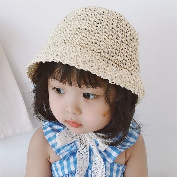 

summer korean baby boy girl straw hats strap het children handmade foldable cap lace beach sun outdoor hat 220714, Yellow