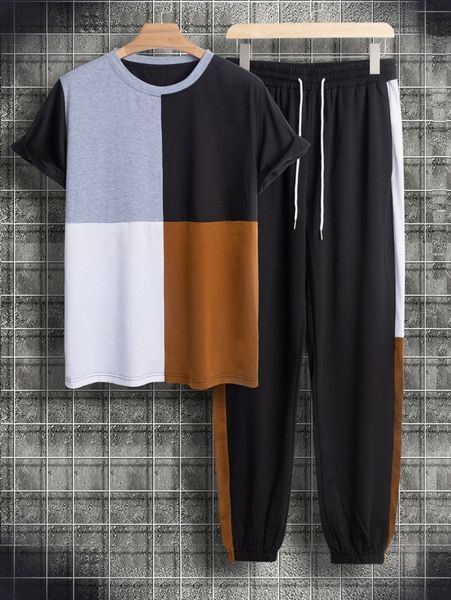 

men color block tee & drawstring sweatpants i9nm#, Gray
