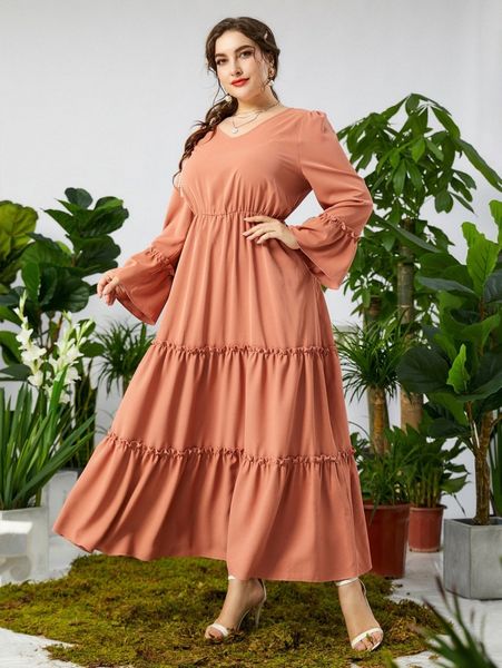 

plus flounce sleeve ruffle hem dress h5ky#, Black