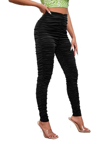 

high waist ruched pants z34p#, Black;white