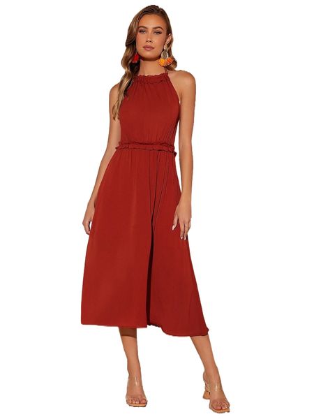 

frill trim tie backless halter dress v98o#, Black;gray