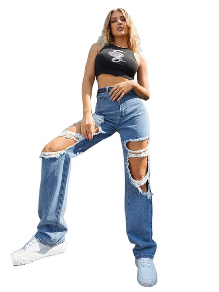 

high waist ripped jeans without belt e98e#, Blue