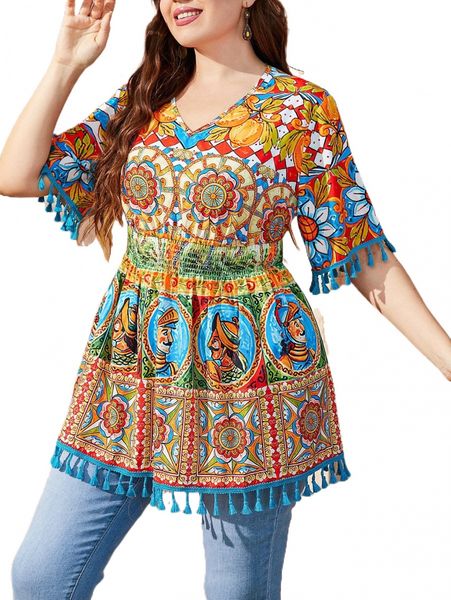 

plus figure & mandala print tassel trim shirred peplum blouse c4b8#, Black