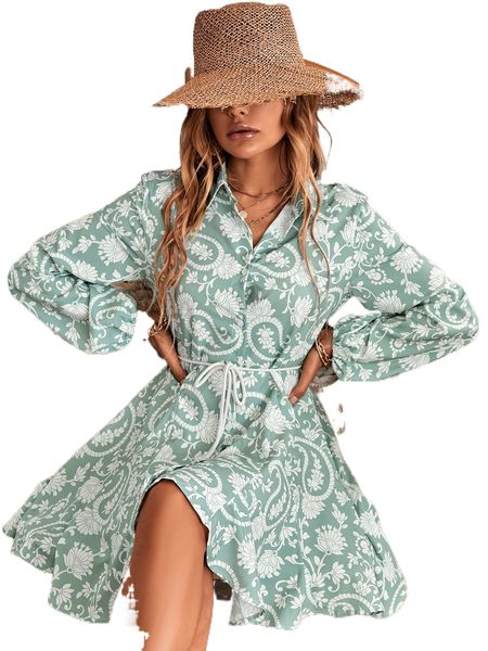 

random floral print lantern sleeve ruffle hem belted shirt dress a6yb#, Black;gray
