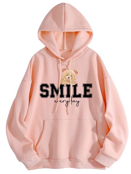 

bear & slogan graphic kangaroo pocket drawstring thermal hoodie 68wu#, Black