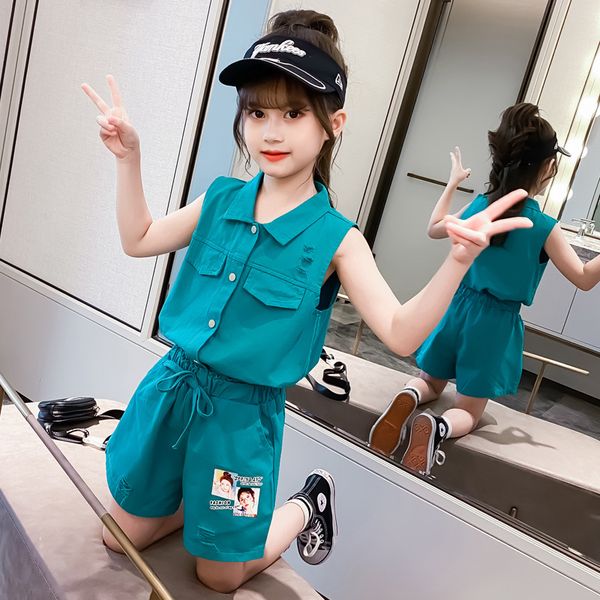 

children girls clothing sets ruffle sleeve+ripped shorts solid kid suit summer trip and party pk023, White